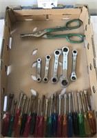 Box of Nut Drivers, Ratchet Wrenches, Tin Snips