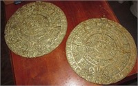 (2) 11"D Gold Tone Ceramic Aztec Calendar Plaques