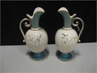 2 French Gilt Scenic Porcelain Foliate Pitchers 9"