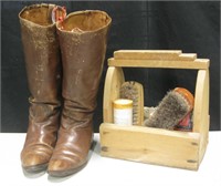Vtg Brown Leather Riding Boots & Boot Cleaner Set