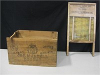 Vintage Wooden Cognac Crate & Columbus Washboard