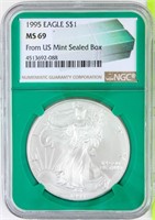 Coin 1995 Silver Eagle NGC MS69 .999 Silver
