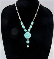 Chinese Turquoise Carved Round Pendant Necklace
