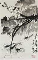 Chinese Ink Shrimp and Lotus on Paper Roll Signed
