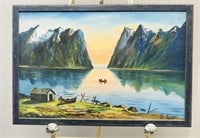 art - mountain and lake scene - signed