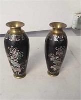 (2) Brass In-laid Heavy Vases