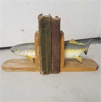 Wooden Fish Book-ends & (2) Vintage books Gene