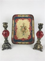 Vintage Hand Painted Tray & Brass Candlesticks (2)