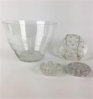 Collection of Glass Dishes (3) & Frog Vase Inserts