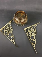 Vintage Amber Glass Vase & Cast Brass Brackets (3)