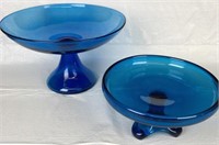 Vintage Blue Glass Pedestal Dishes (2)