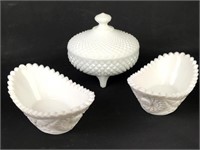 Diamond Pattern Milk Glass Candy Dish & Bowls (3)