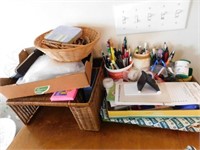 Large lot of office supplies - wicker organizer -