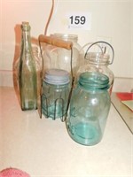 Blue Ball  pint jar with zinc lid in wire holder -