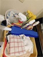 Cleaning caddy with supplies - tub of rags