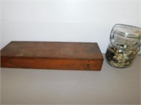 Oak dove-tailed box with wooden spools of