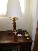 Wooden table lamp with 3 light candelabra -