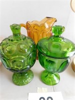 Green candy dishes with lids - amber glass