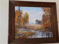 Oil painting, rural scene with old barn and