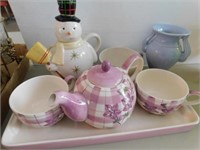 Blue McCoy vase - teapot with matching cups
