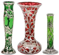 3 Sterling Silver Overlaid Glass Vases