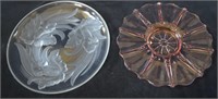 2 Platters-Pink Depression Glass & Frosted Iris