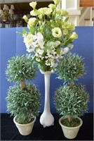 Two Topiary Plants and Artificial Flower in Vase