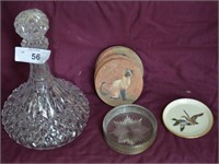 Pressed Glass Decanter and 6 various coasters