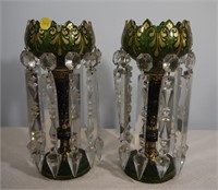 Pair of Green Glass Lustre with Gold Overlay