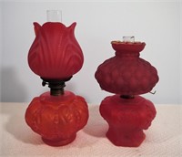2 Unmatched Red Satin Glass Miniature Lamps