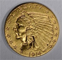 1914-D $2 1/2 GOLD INDIAN HEAD  CH BU