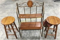 Two barstools and two tier shelving unit