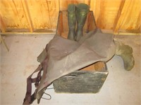 Waders, Boots, & Wood Box.