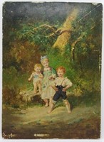 1900 Oil on Ceramic Tile Portrait of the Children