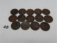 LOT, (14) ASSORTED CANADIAN 1 CENT COINS, (10)