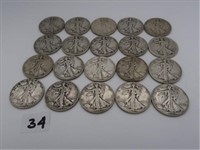 LOT, (20) ASSORTED LIBERTY WALKING HALF DOLLARS,