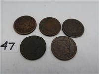 LOT, (5) ASSORTED US LARGE CENTS