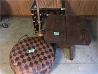 Bamboo Table, Floor Lamp, Checker Print Foot Stool