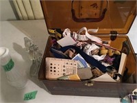 Sewing Box (Lid Broken), Contents, & Glass Decor