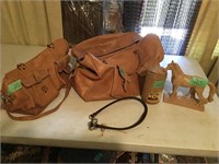 2 Leather Handbags, Syrup Box, & Horse