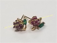 14K GOLD RUBY AND EMERALD EARRINGS