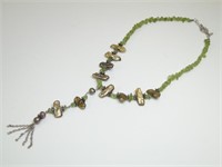 Signed 925 Silver Cultured Pearl, Peridot Necklace