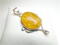 Large 925 Silver & Oval Amber Pendant