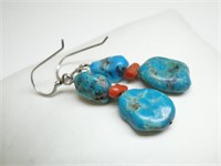 925 Silver, Turquoise & Red Coral Bead Earrings