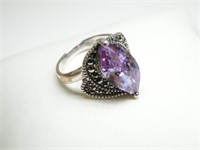 925 Silver & Amethyst & Marcasite Gemstones Ring
