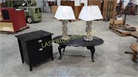 Black Wooden Coffee Table, Side Table, Lamps