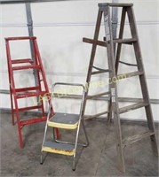 2 wooden step ladders, metal Cosco step stool