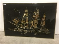 Framed gold ship art