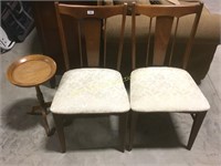 2 matching wooden chairs and wooden plant stand