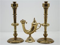 Solid Brass Horn Oil Lamp & Pair of Candlesticks